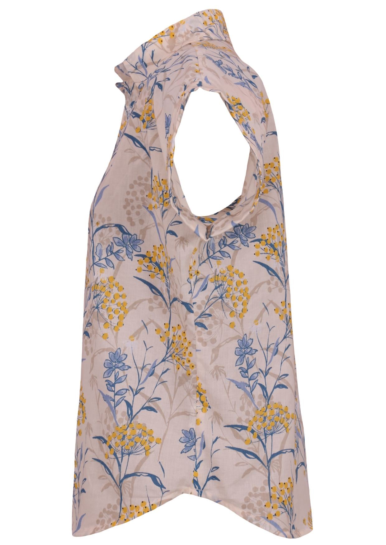 Side view of loose fit shirt style cotton top with collar in neutral based floral print