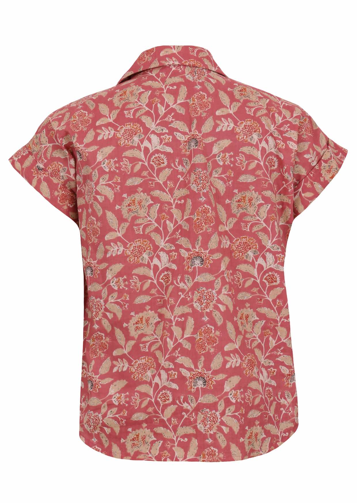 Lightweight 100% cotton top in warm rose pink with V neckline, collar and short folded sleeves
