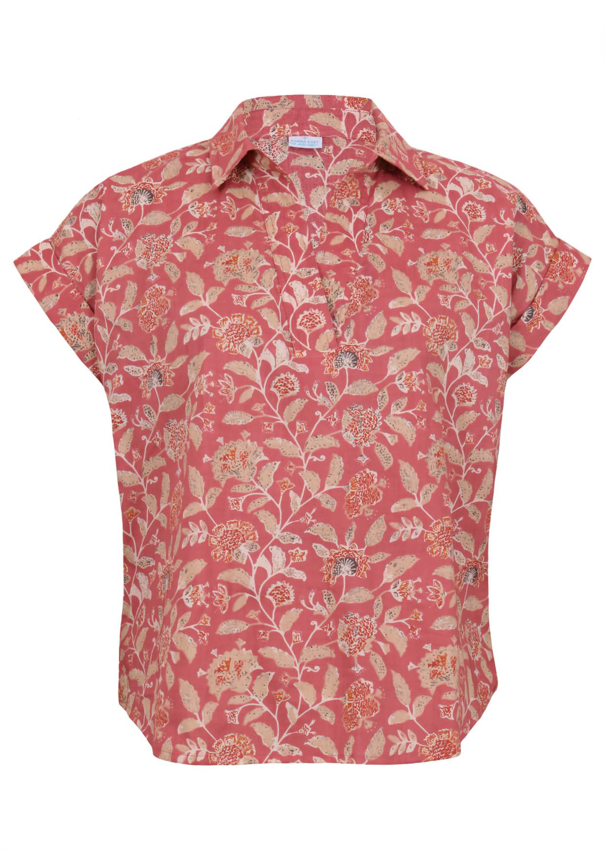 100% cotton floral printed relaxed fit cotton top with collar and short folded cuff sleeves