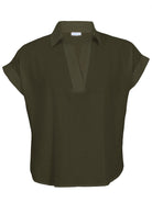 100% cotton relaxed fit olive green top with collar, V neckline and short folded cuff sleeves