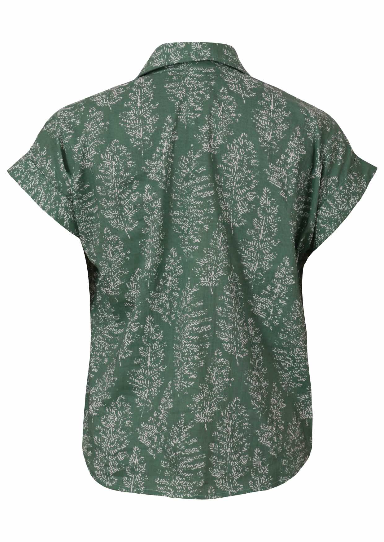 Lightweight 100% cotton top in sage green with V neckline, collar and short folded sleeves