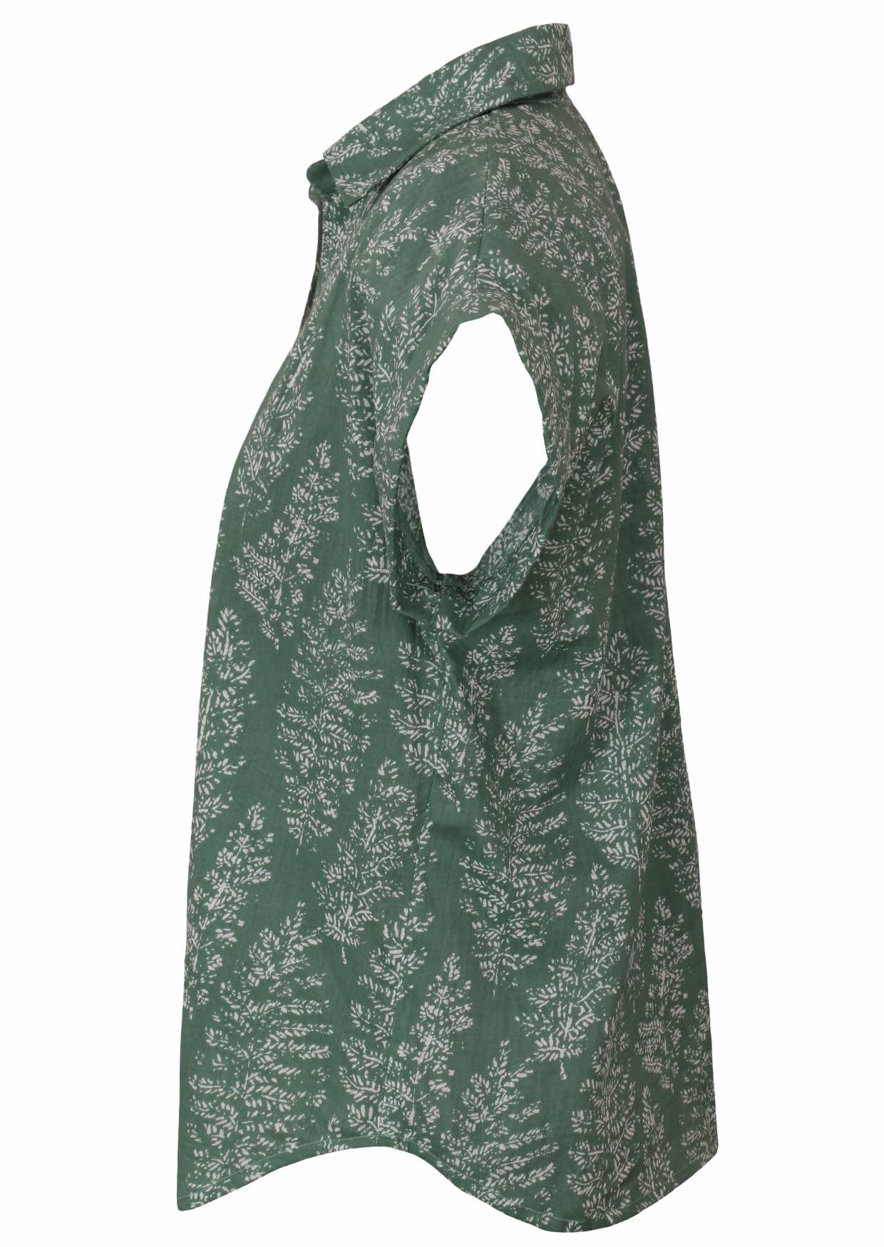 Side view of loose fit shirt style cotton top with collar in sage green based floral print