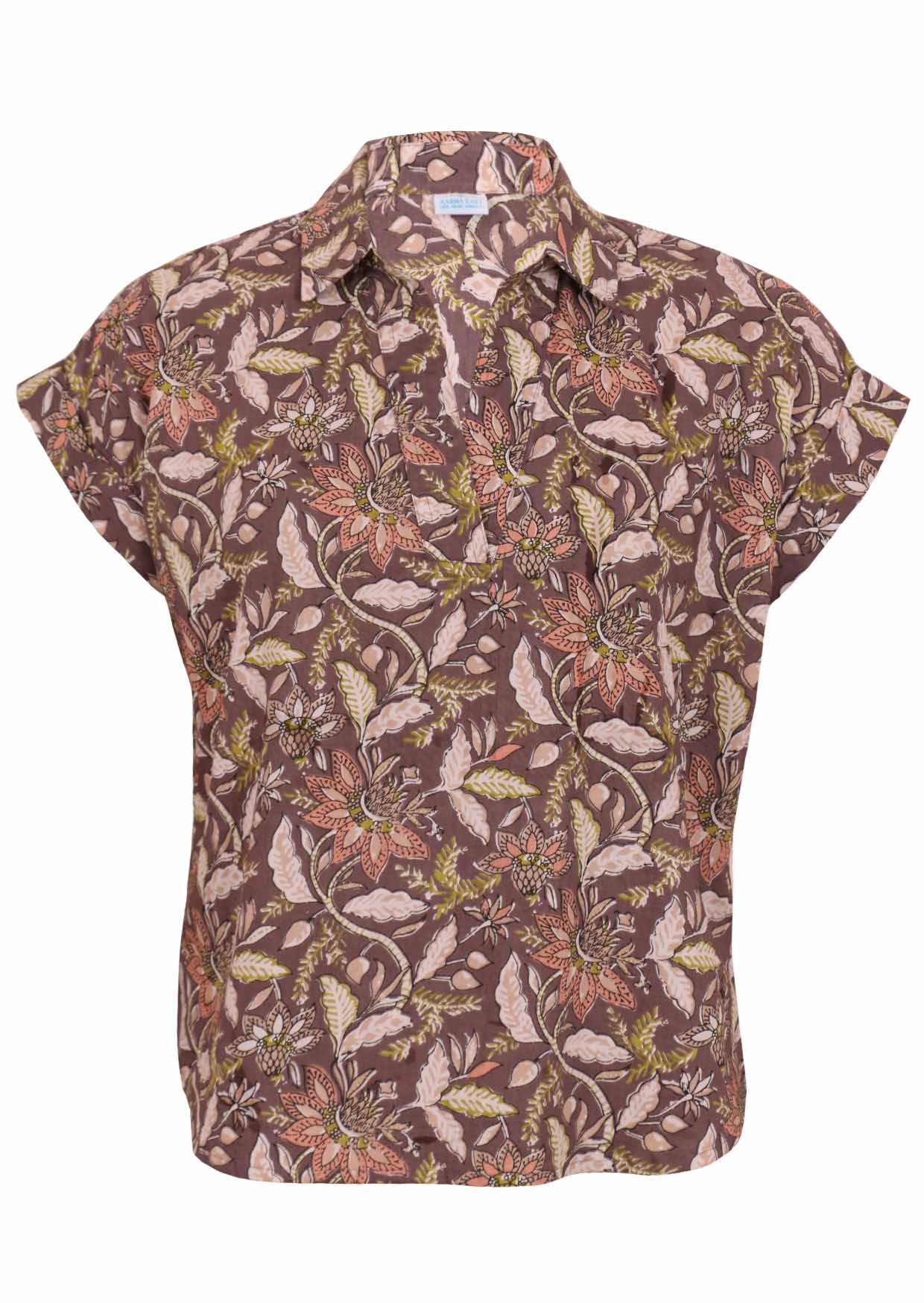 100% cotton short sleeved relaxed fit cotton top with V-neckline, collar and folded cuff sleeves