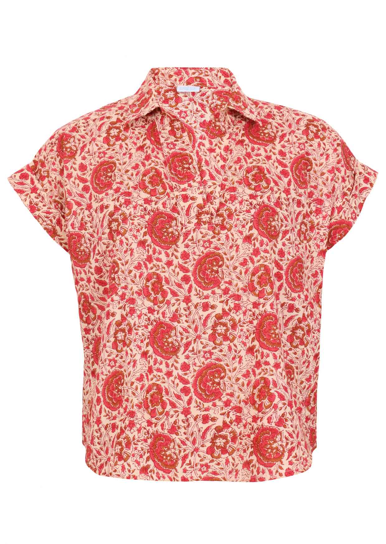 100% cotton floral printed relaxed fit cotton top with collar and short folded cuff sleeves