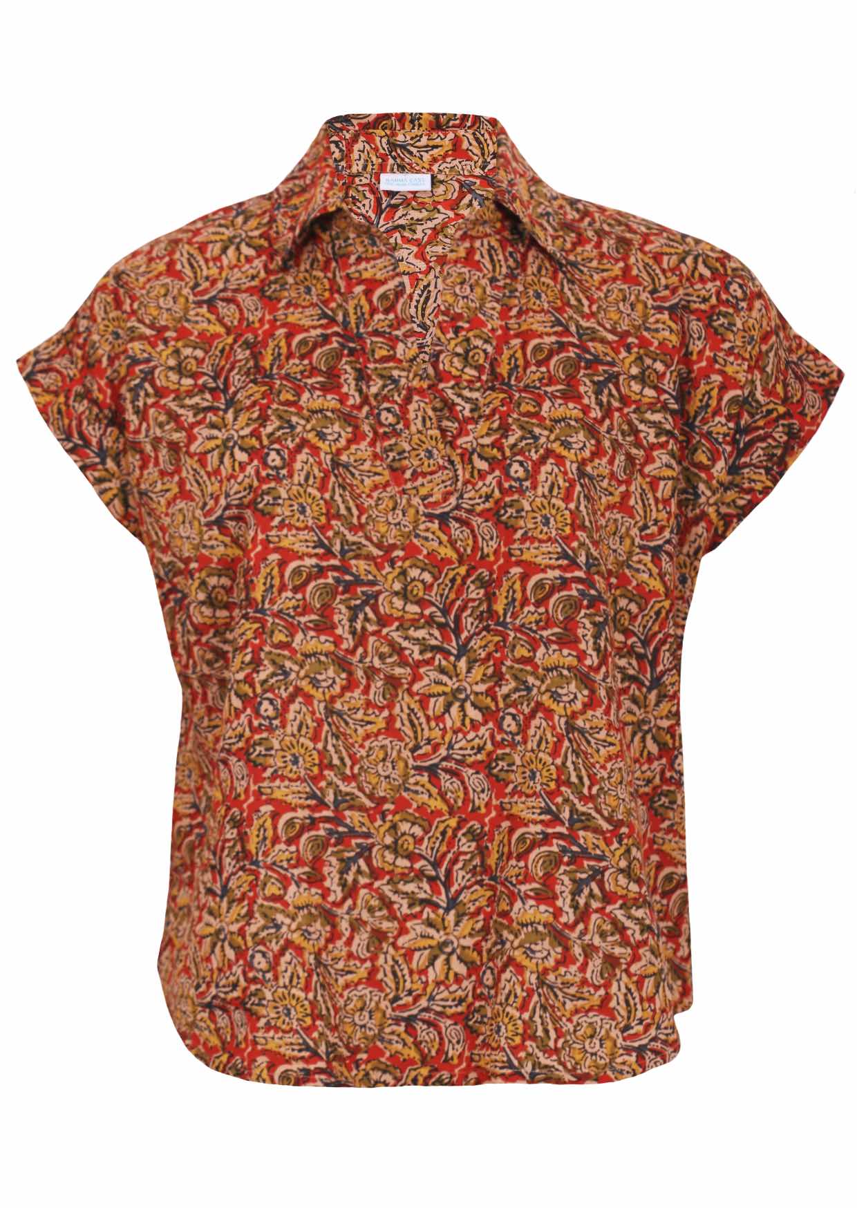 Short-sleeve shirt with a V-neckline and collar in a rust based earthy print