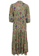 Green based multi-coloured folk style floral print, 3/4 sleeve cotton dress.