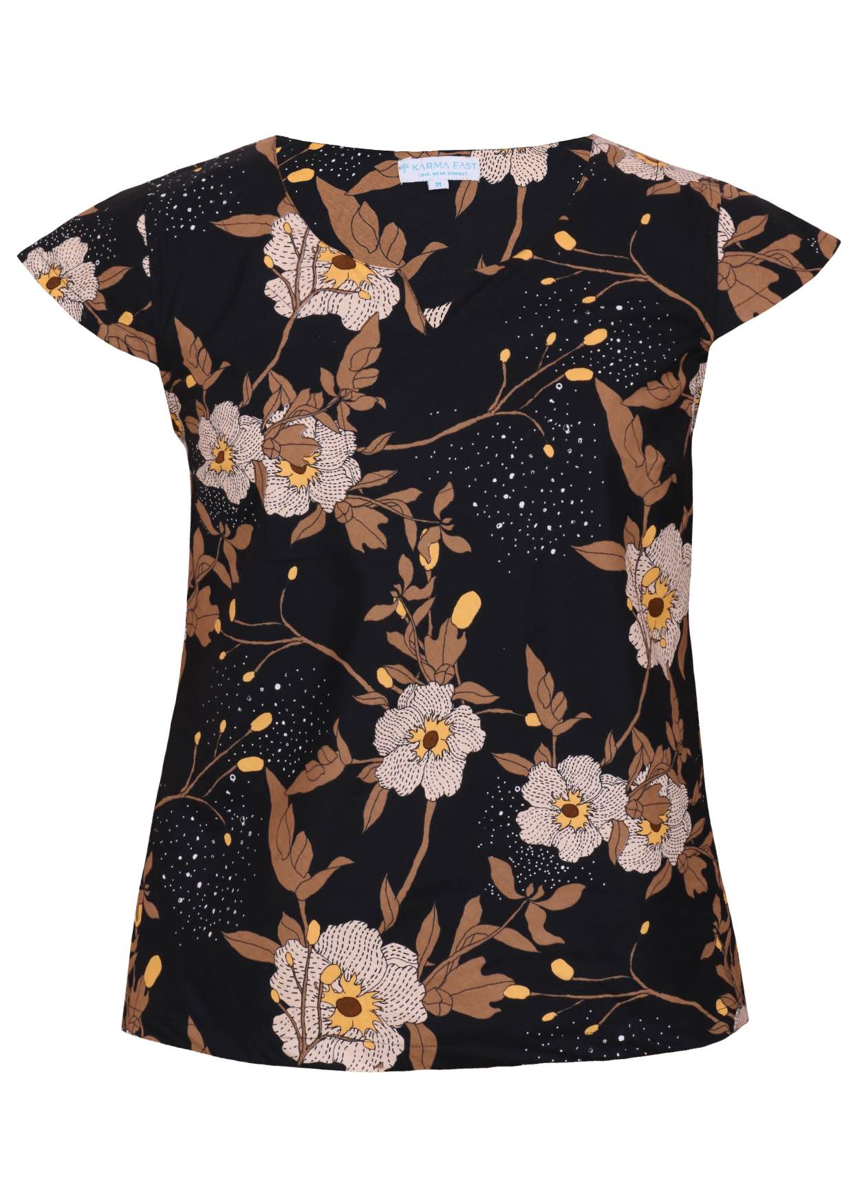 100% cotton tailored top in black based floral print with cap sleeves and round neckline with keyhole cutout