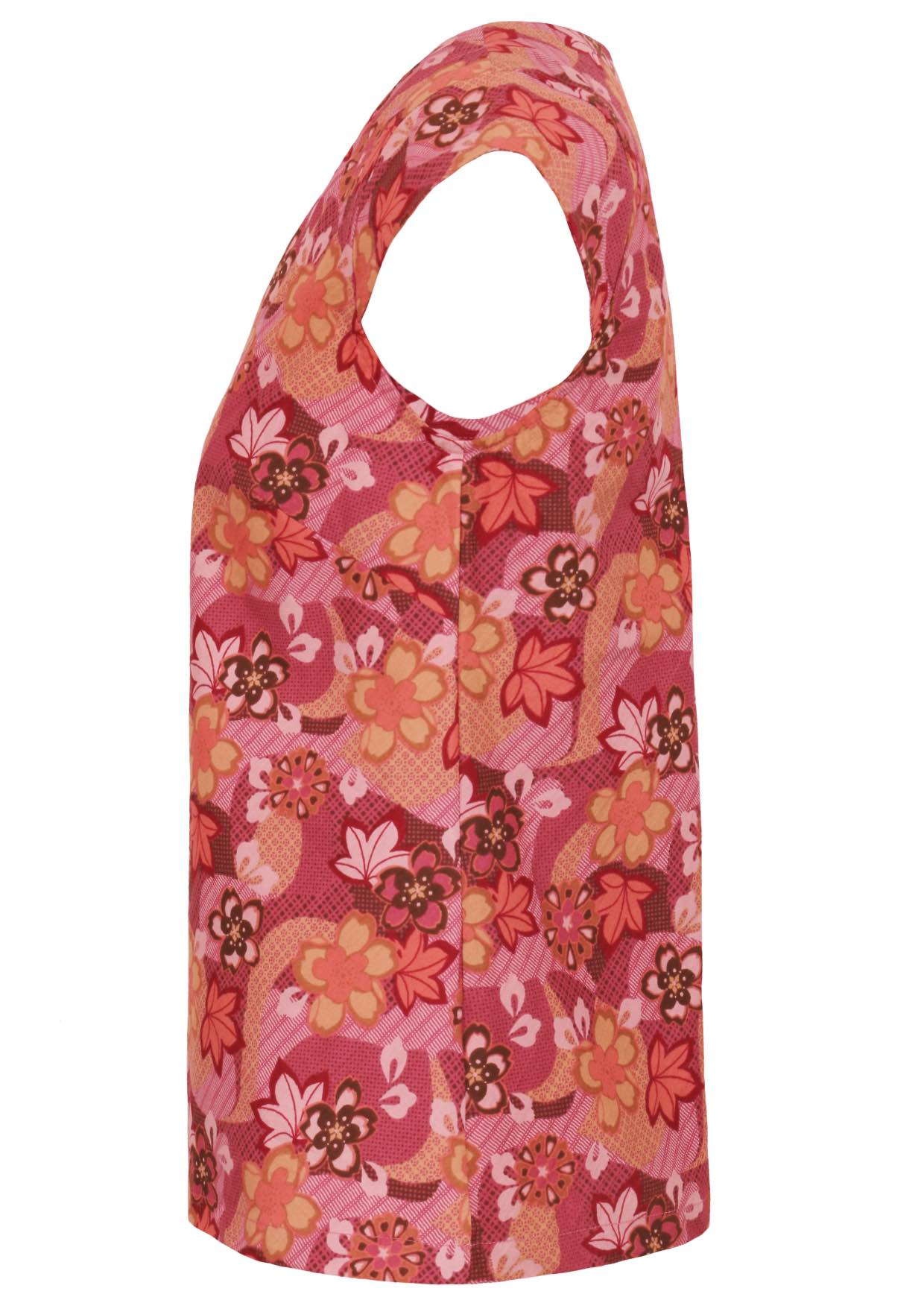 Cap sleeves cotton top with Japanese-style print in pink, maroon, brown, peach, and khaki.