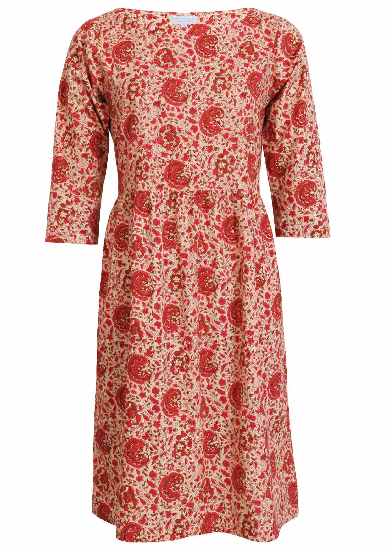 Cream based, knee length cotton dress with wide round neckline and 3/4 sleeves.