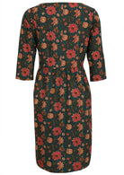 Back image of beautiful floral printed, midlength cotton dress with 3/4 sleeves and pockets.