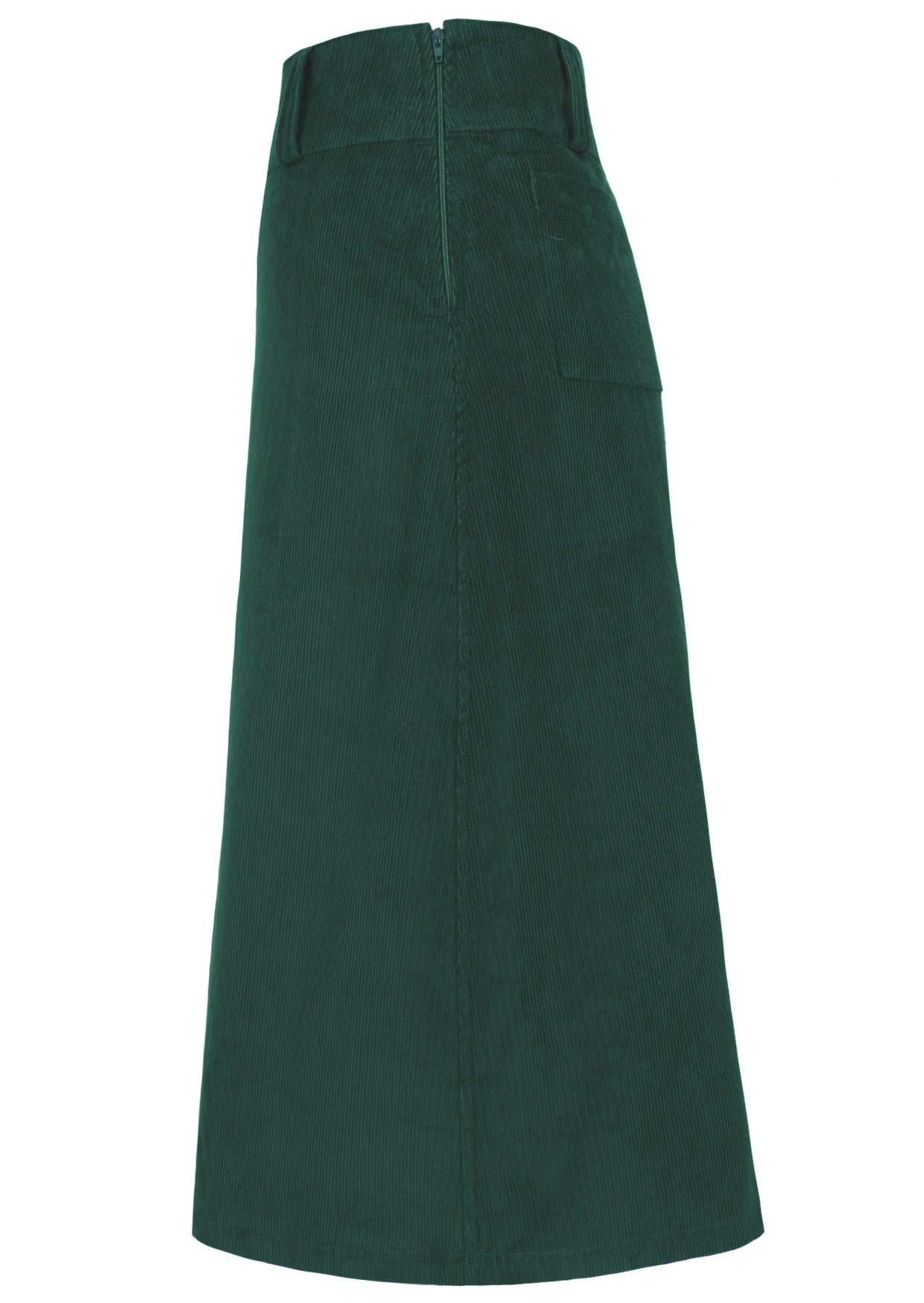 Side view of green A-line midi length cotton corduroy skirt with belt loops and a side zip
