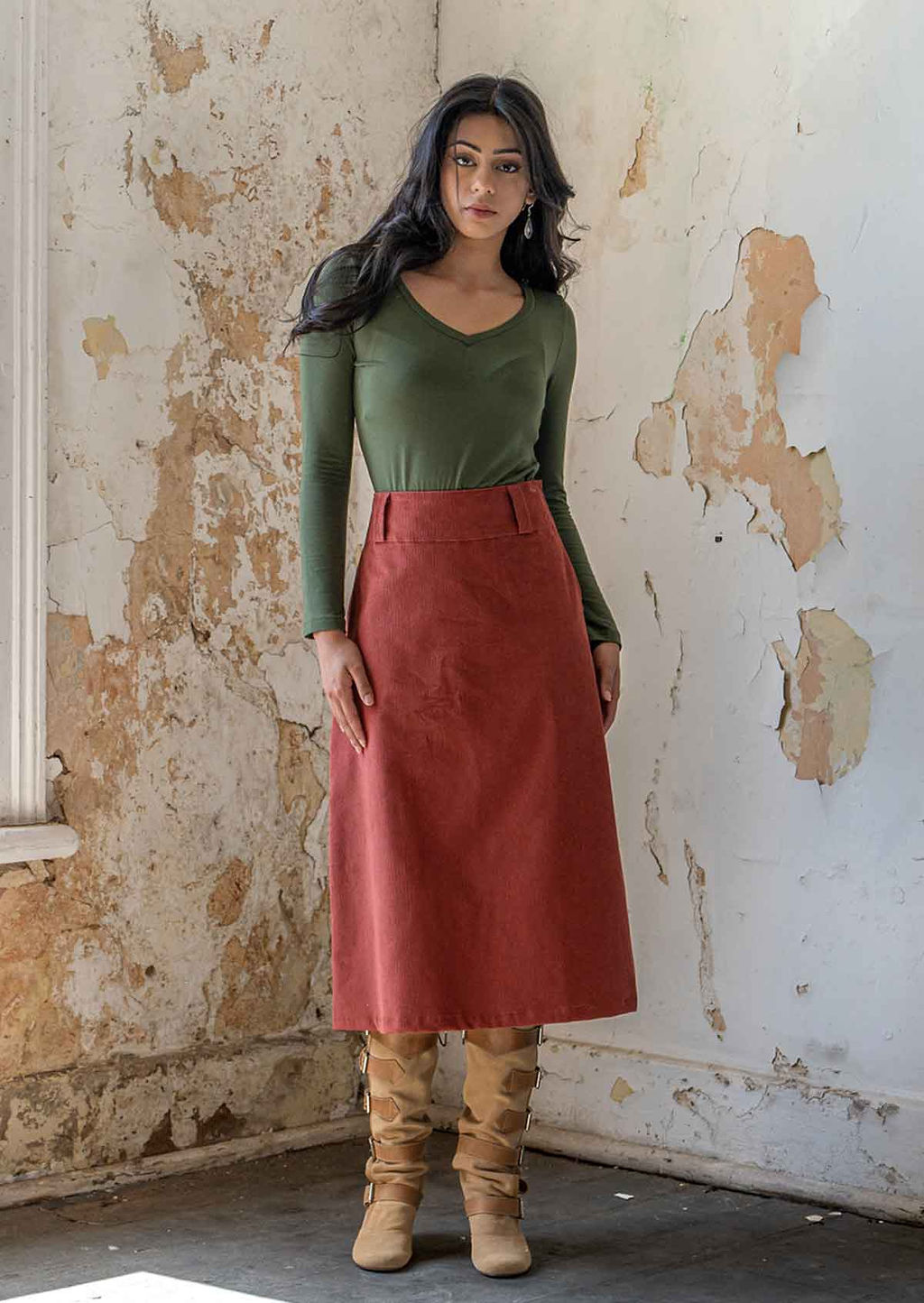 パンツ UND STRETCH CORDUROY SKIRT WITH PANTS Belt-Loop-Corduroy-Skirt-Burnt