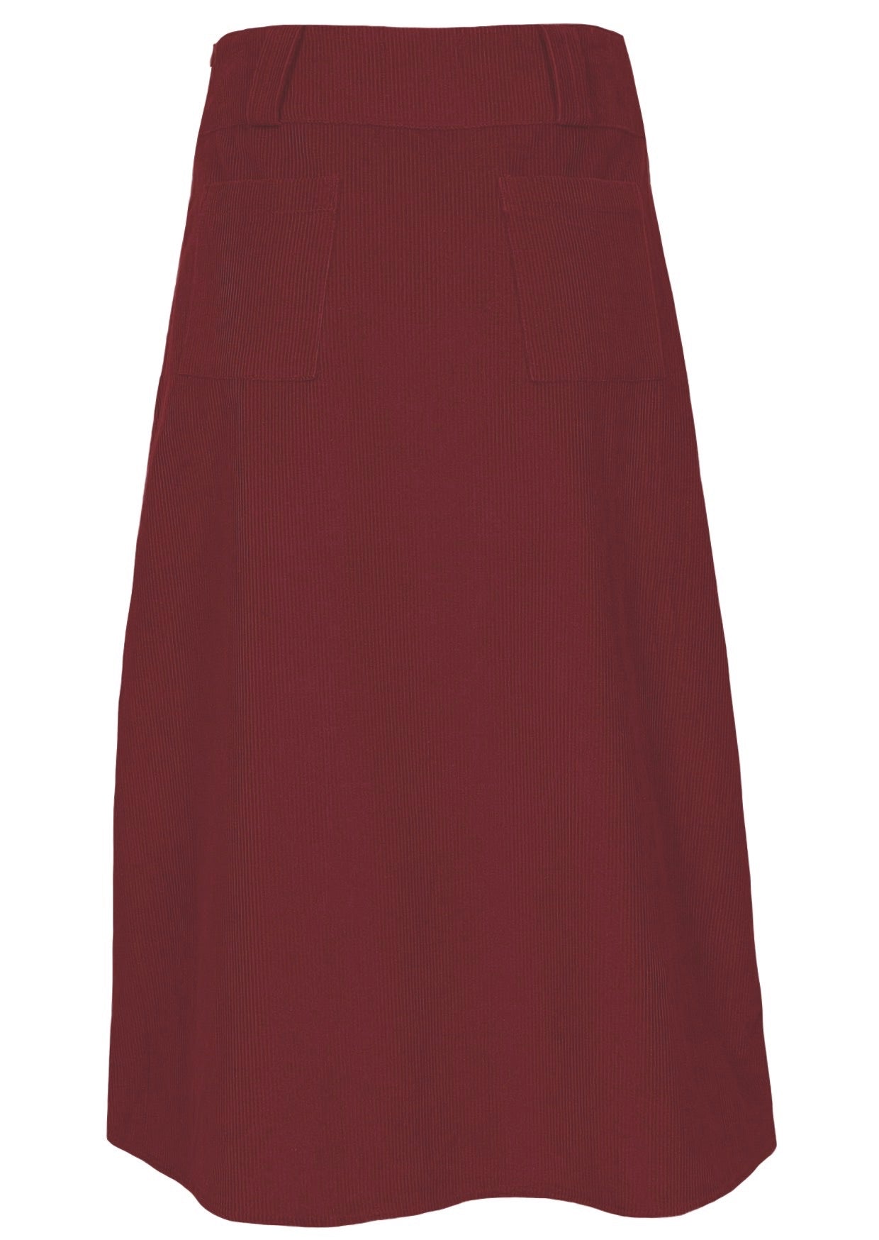 Back view of cabernet red cotton corduroy A-line midi length skirt with belt loops and back pockets