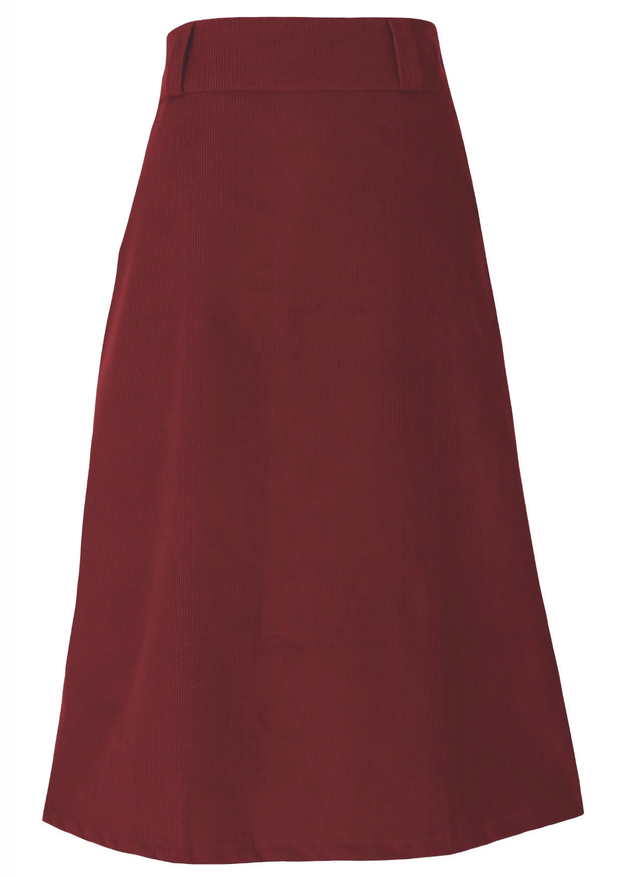 Cabernet red cotton corduroy A-line midi length skirt with belt loops
