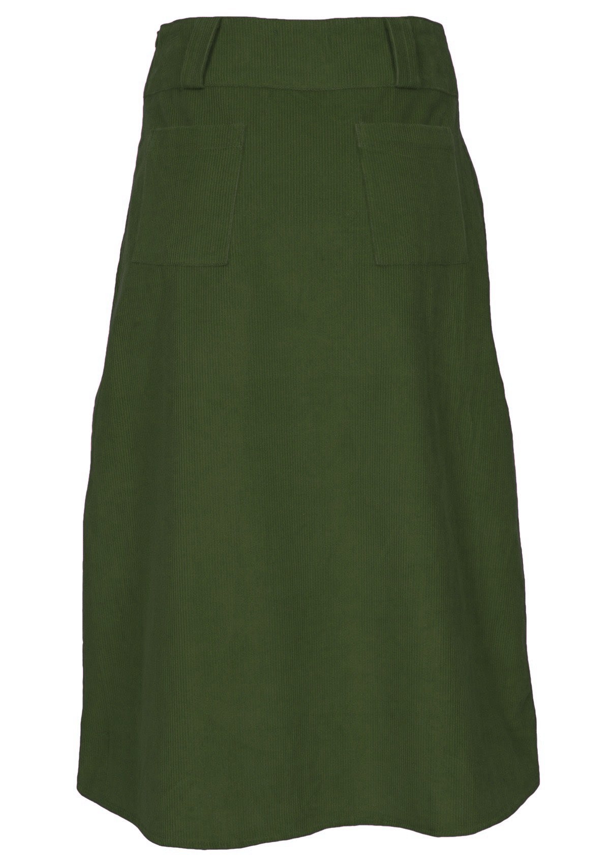 Back mannequin photo of green corduroy midi length skirt with belt loops and back pockets