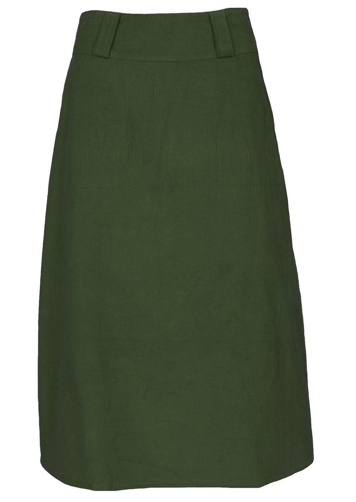 Front mannequin photo of green corduroy midi length skirt with belt loops