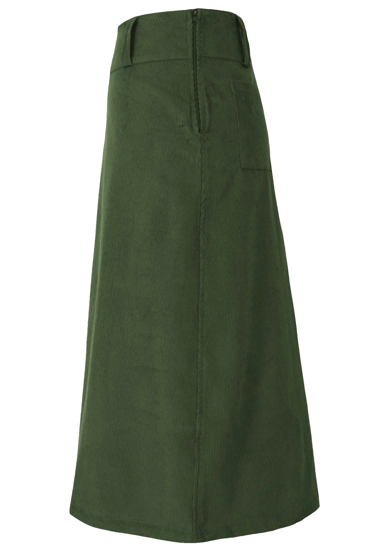 Side mannequin photo of green corduroy midi length skirt with belt loops and side zip