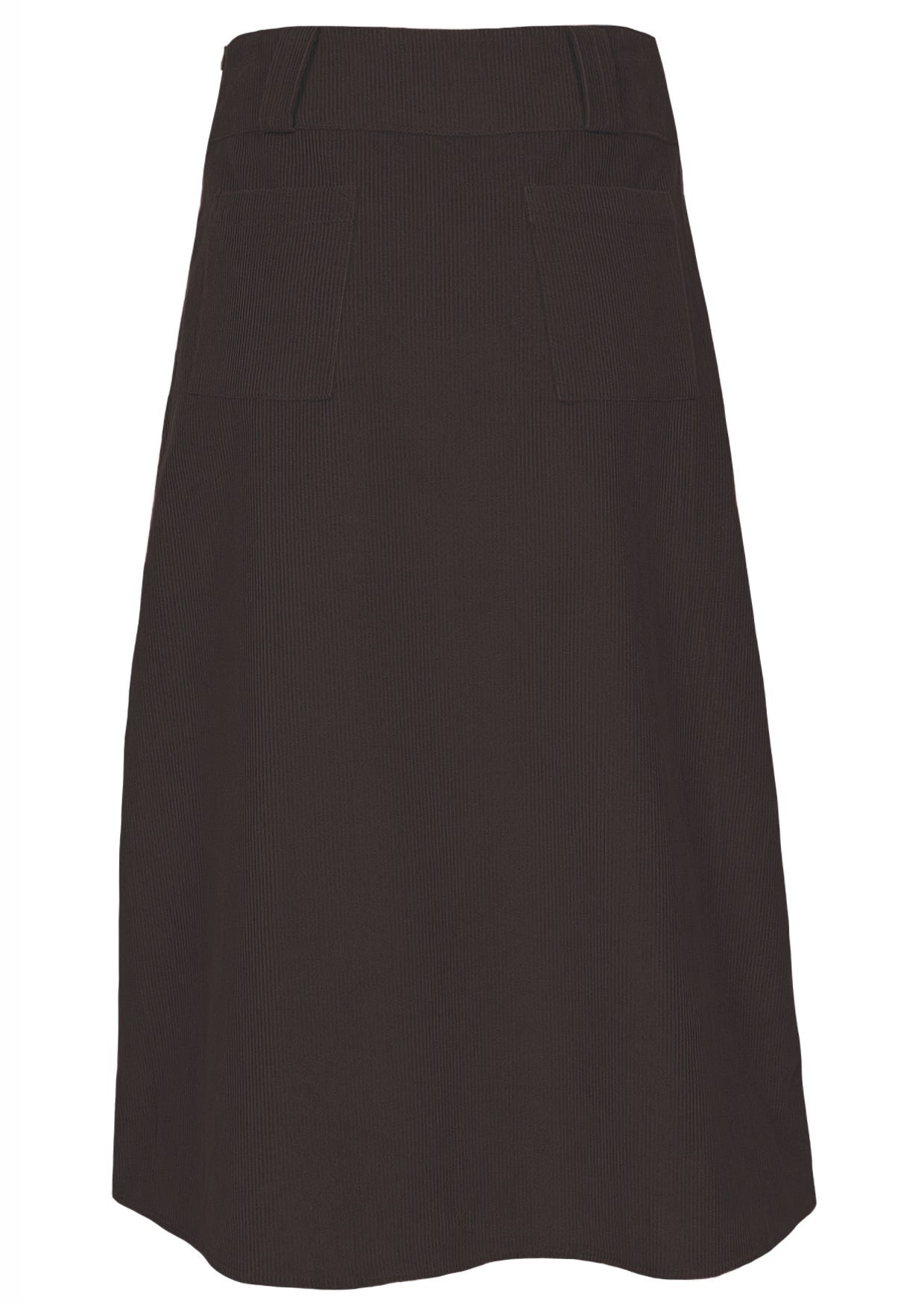 Back view of chocolate brown cotton corduroy A-line skirt with back pockets