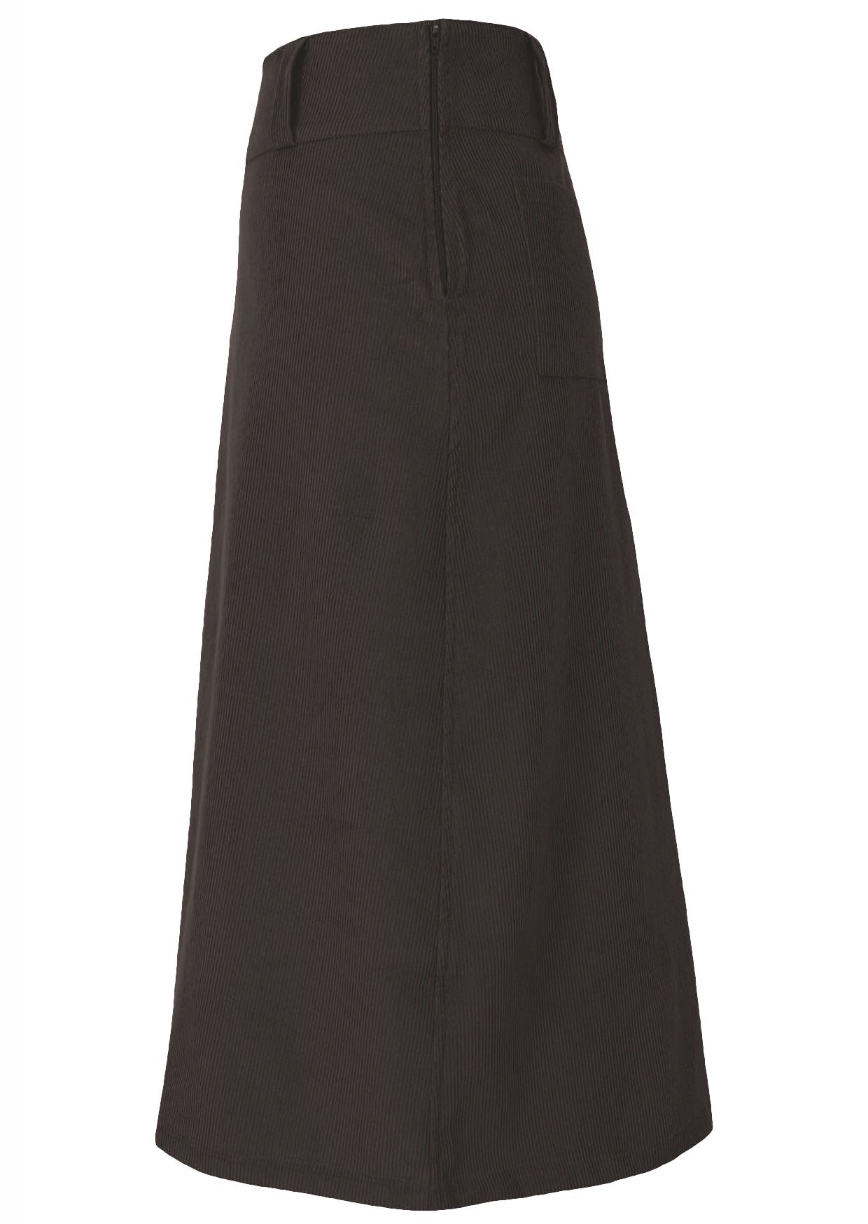Side view of chocolate brown cotton corduroy A-line skirt with side zip