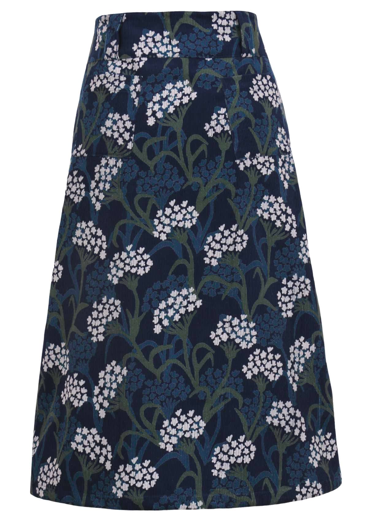 Belt loop skirt features back pockets and a side zip.