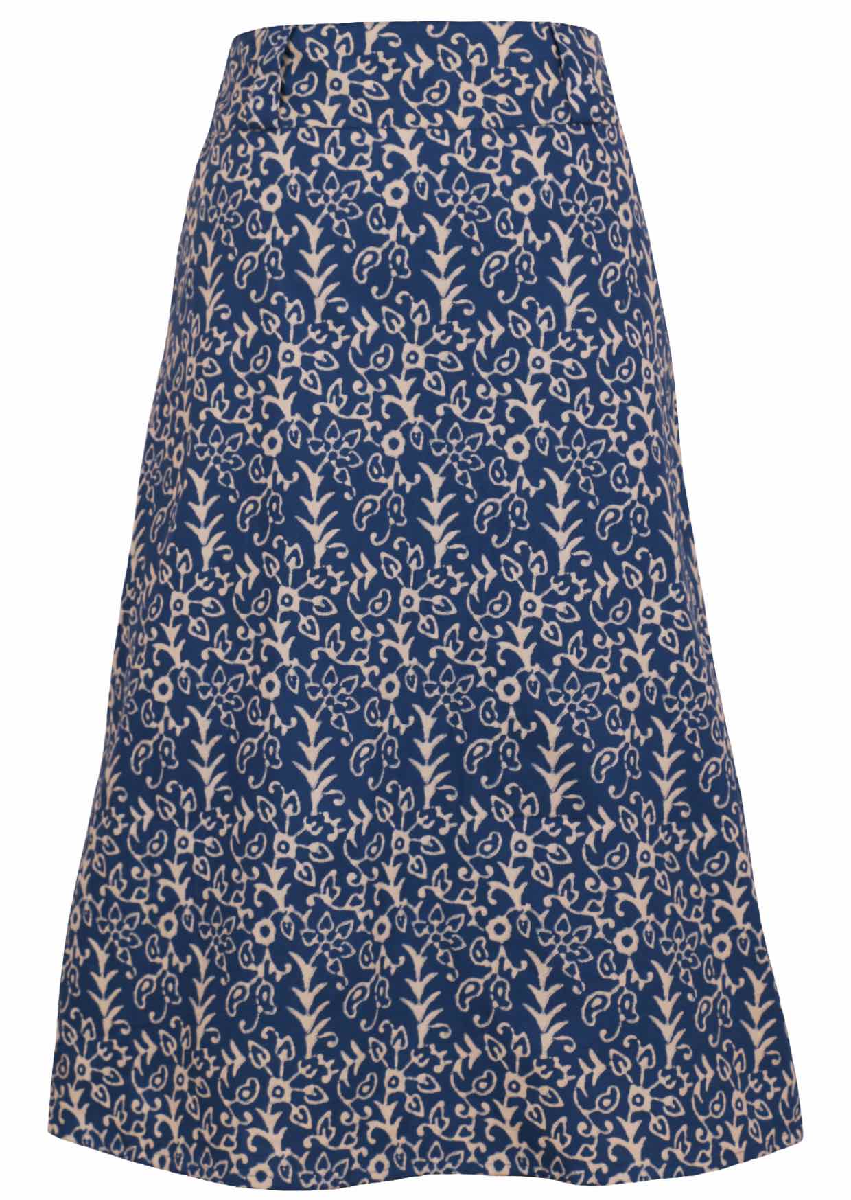 Front mannequin photo of midi length A-line cotton skirt with belt loops in blue based floral print