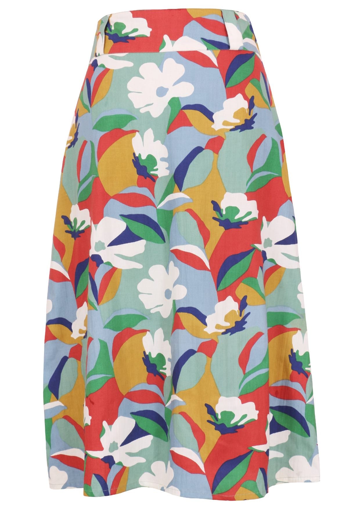 Front view of colorful floral patterned skirt on a white background
