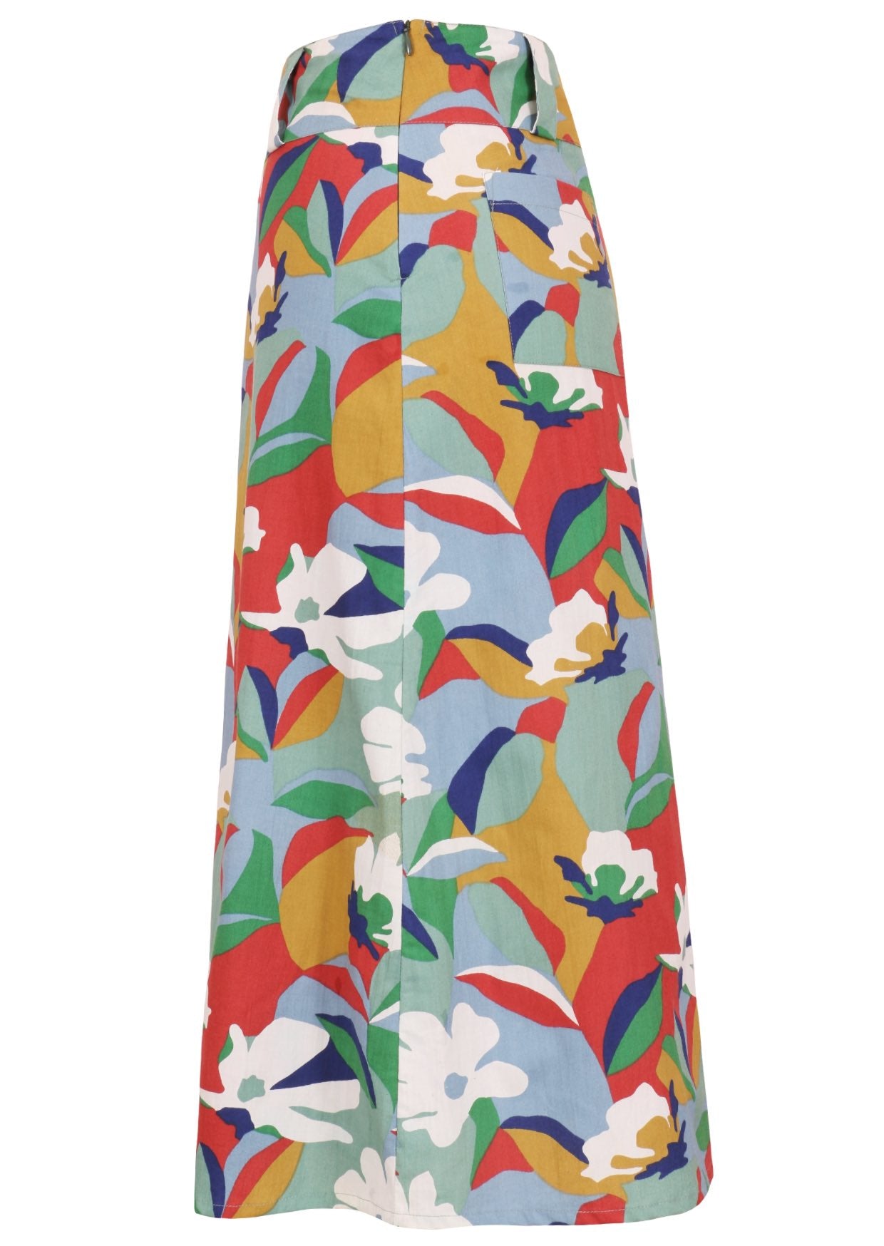 Side view of colorful floral patterned skirt on a white background