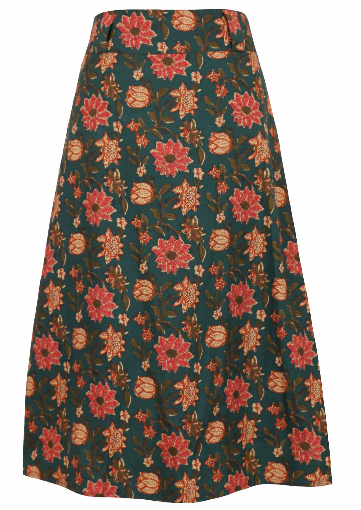 100% cotton midlength A-line skirt with belt loops in dark green based floral print