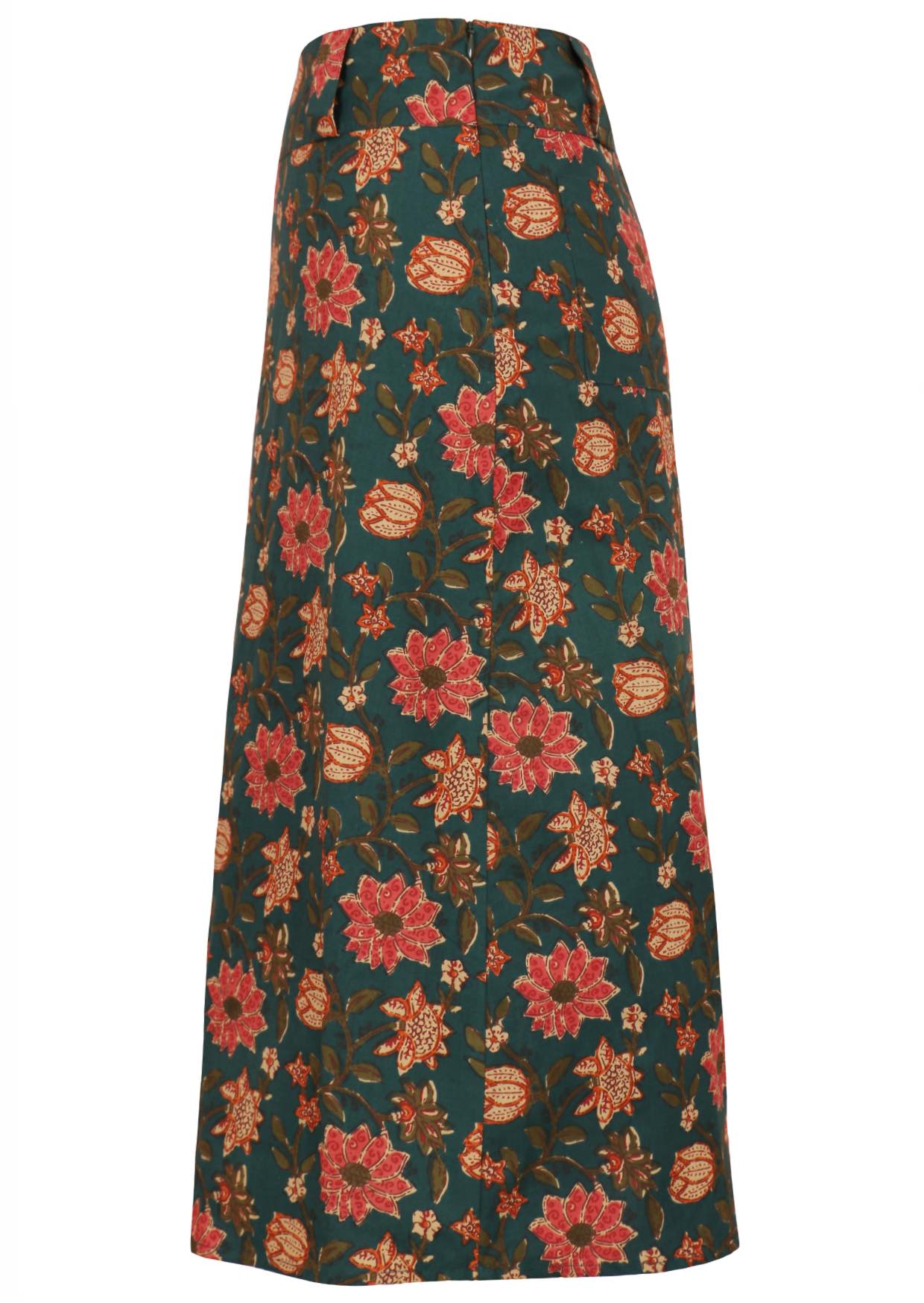 Side image of midi length A-line cotton skirt with belt loops and side zipper.