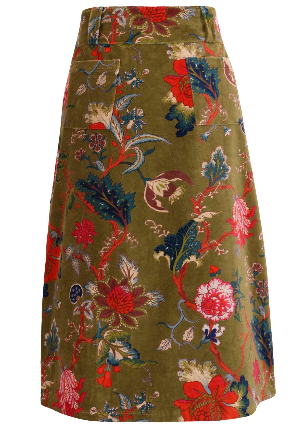 Back view of cotton velvet midi length A-line skirt with back pockets, in multi-coloured Jacobean floral print on a moss green base