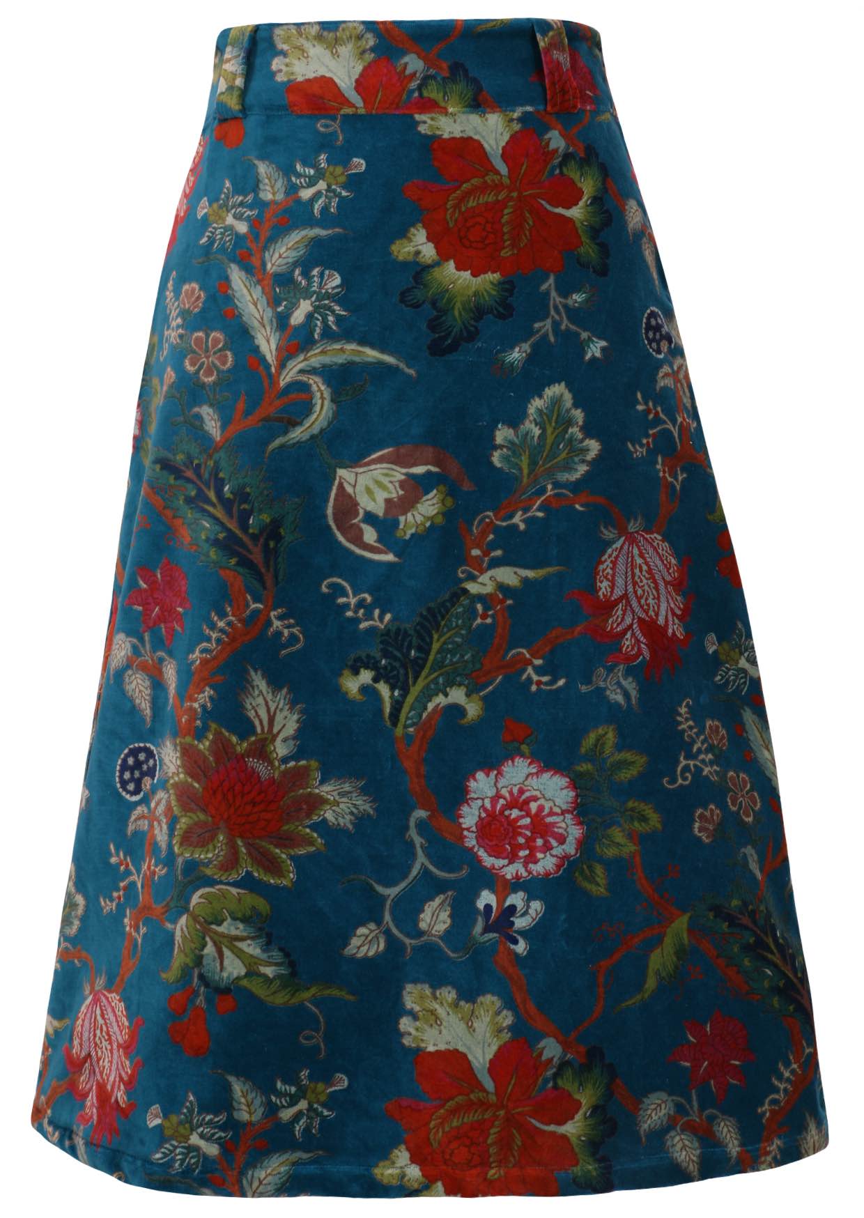 Cotton velvet midi length A-line skirt with belt loops, in multi-coloured Jacobean floral print on a teal base