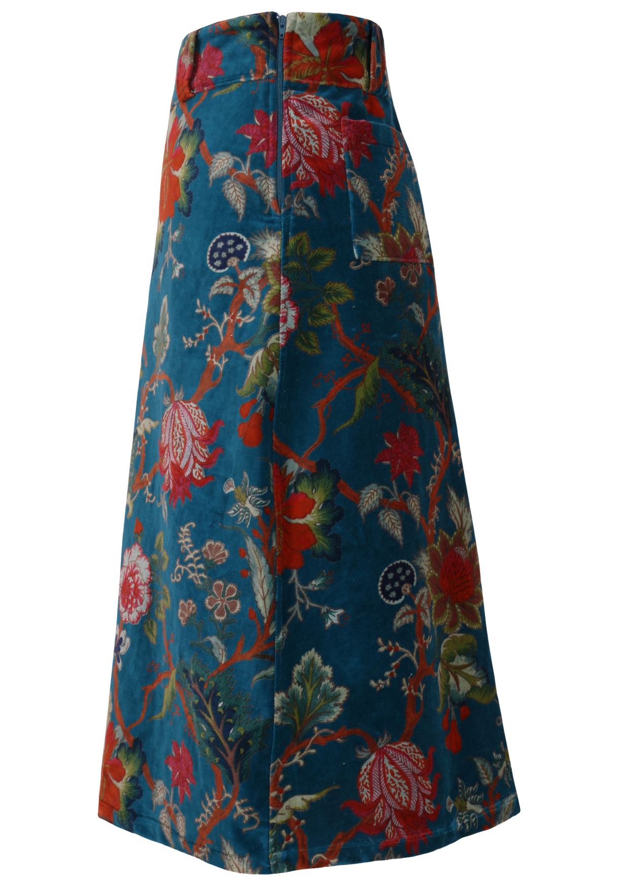 Side view of cotton velvet midi length A-line skirt with side zip, in multi-coloured Jacobean floral print on a teal base