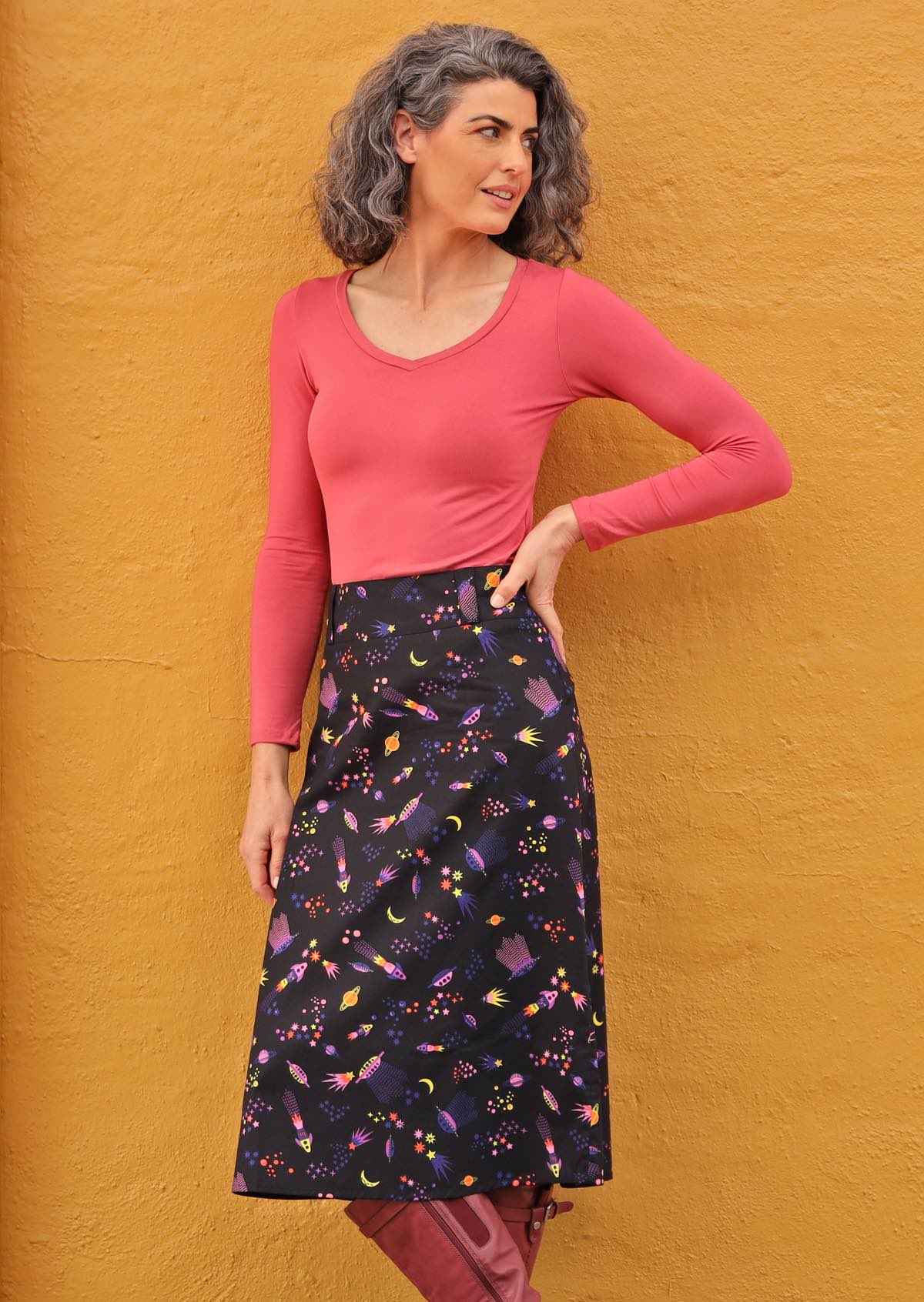 Belt Loop Skirt Astro cotton mid length a-line skirt with side zip belt loops and pockets | Karma East Australia