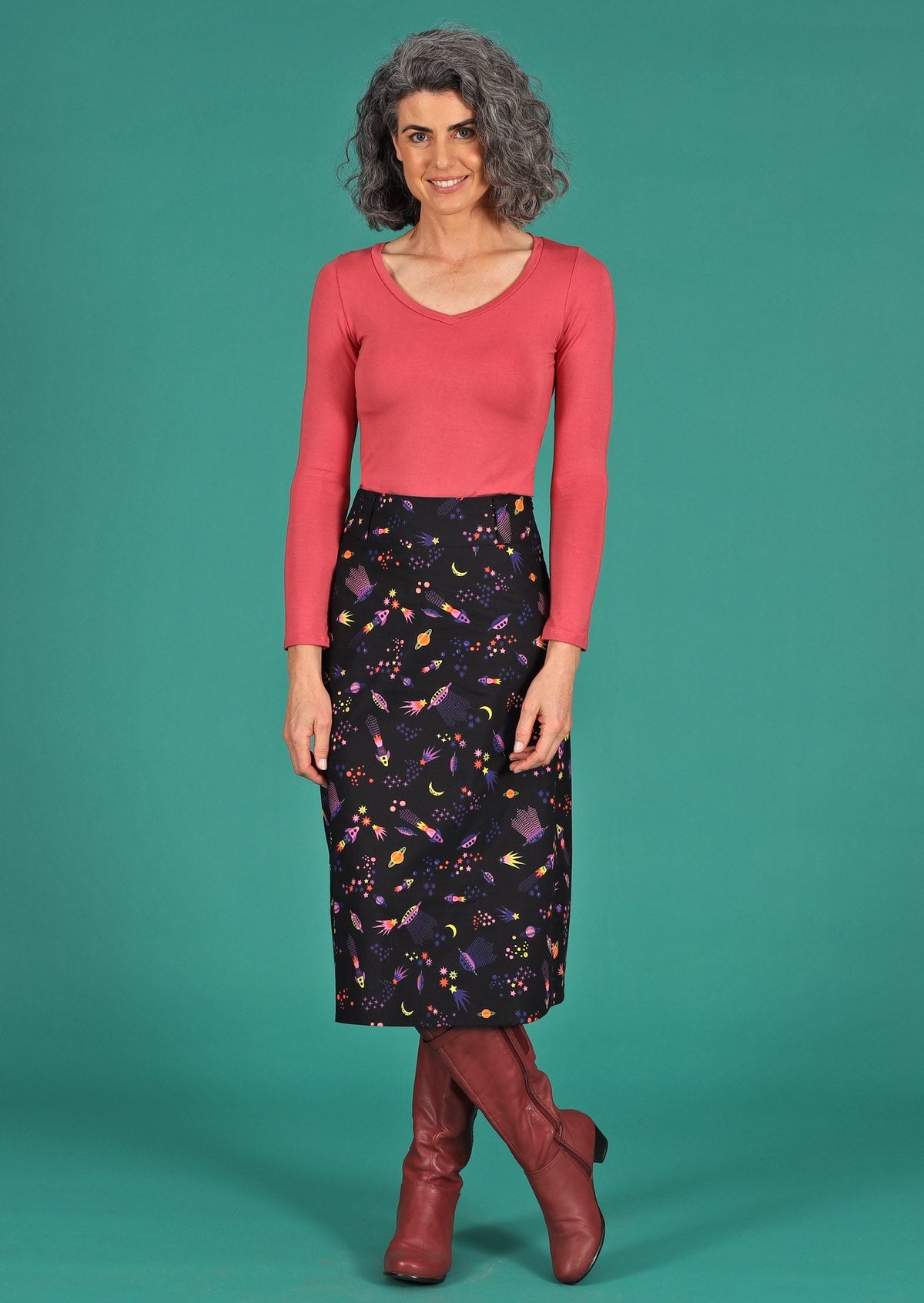cotton space print mid length skirt