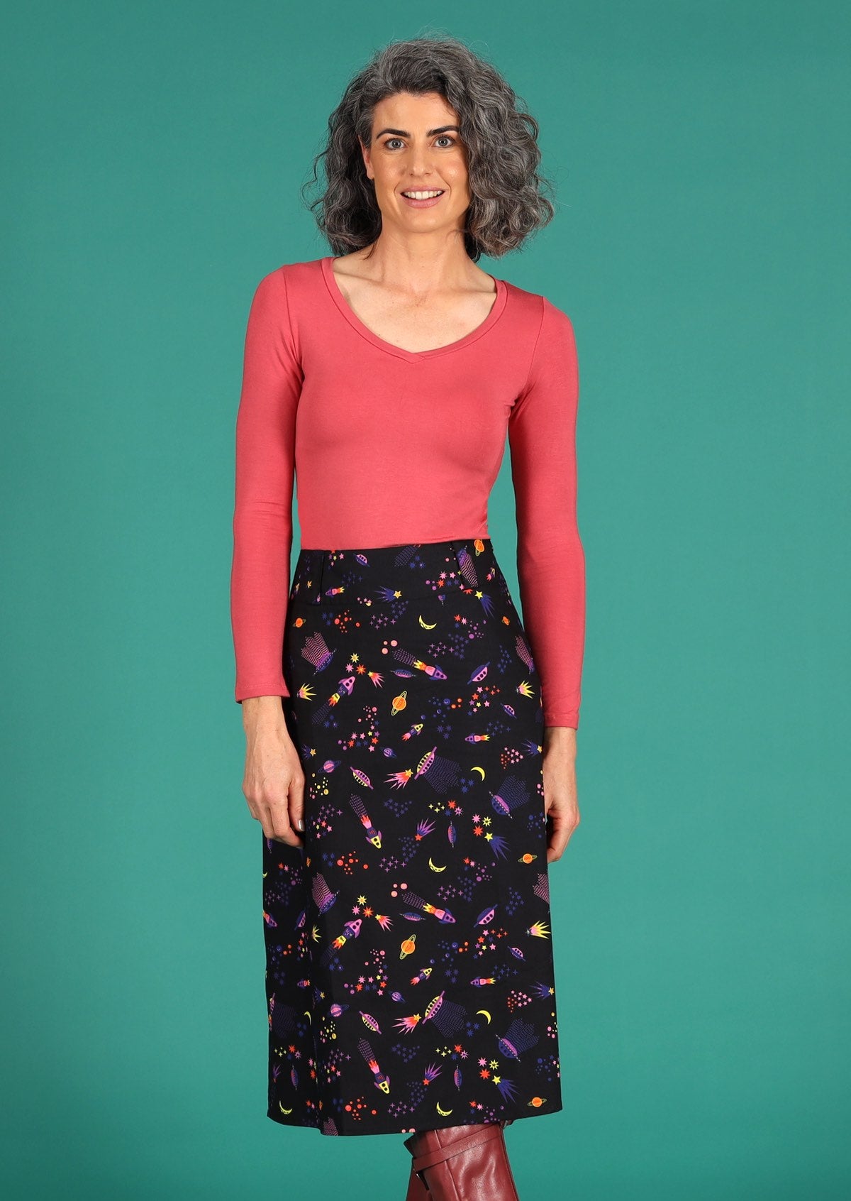 space print on black base cotton mid length skirt