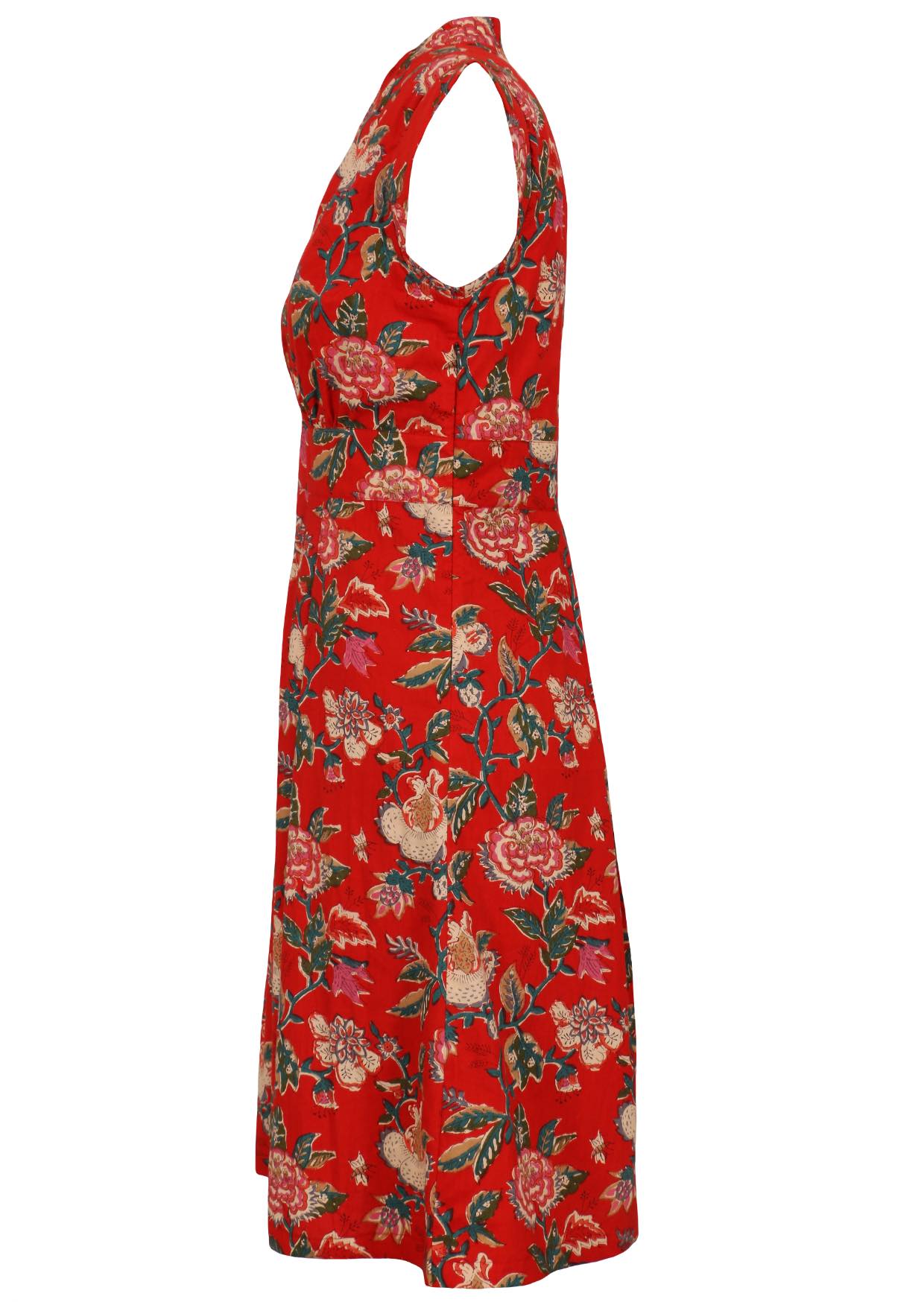 Retro style cotton dress with side zipper, cap sleeves and A line skirt in red based floral print