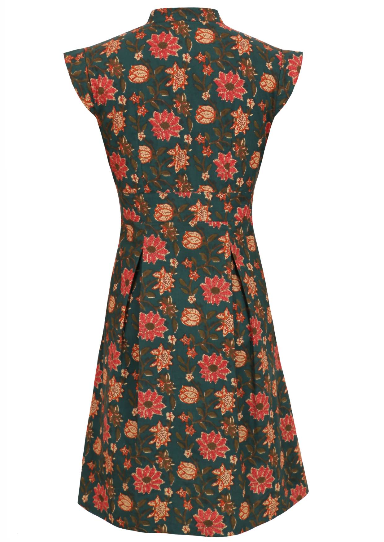 Back View of 100% cotton floral print dress in deep green.