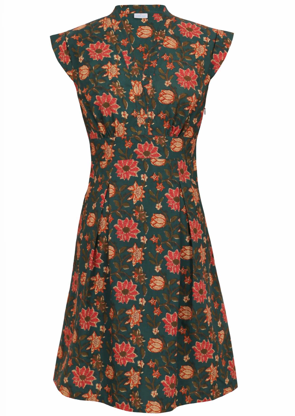 100% Cotton retro style A-line dress in pinkish floral print on deep green base.