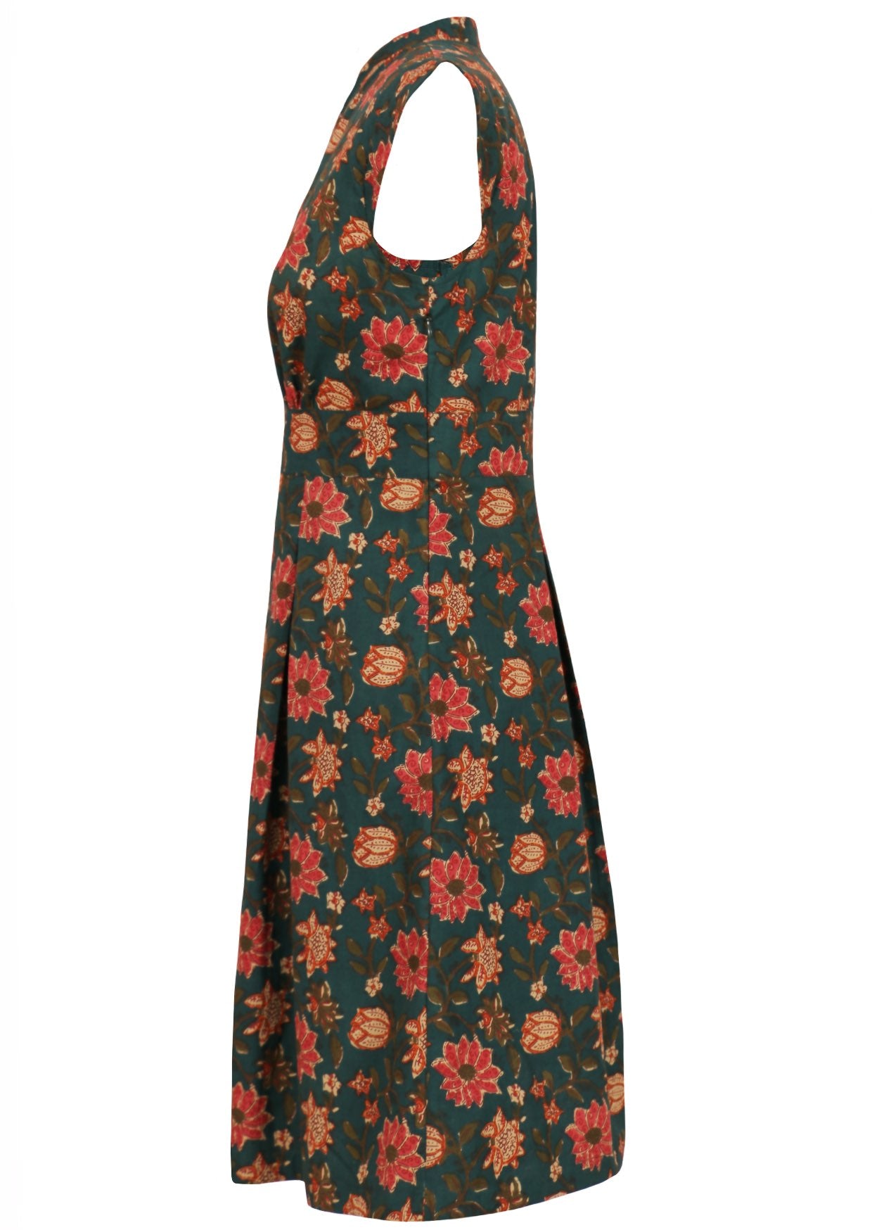 100% Cotton A-line Retro Womens Dress with short cap sleeves and side zipper.