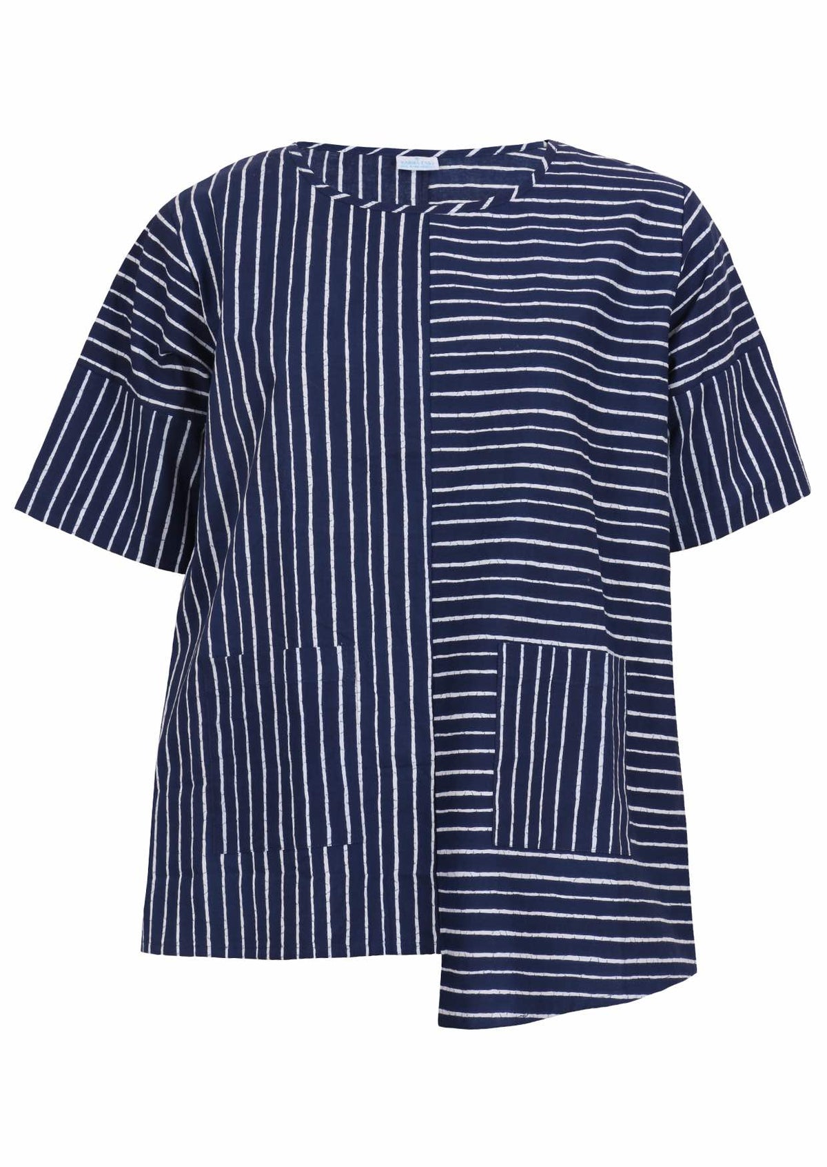 Navy and white striped cotton relaxed fit top with an asymmetrical hem line and front pockets