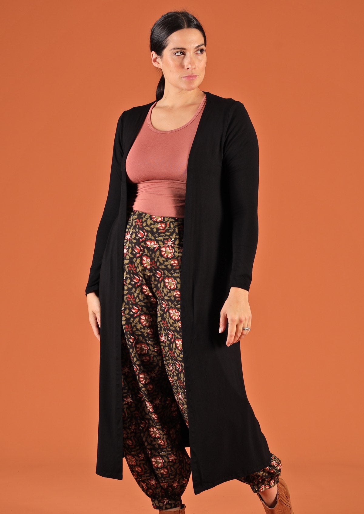 Duster cardigan open front long sleeve long length soft stretch jersey black | Karma East Australia