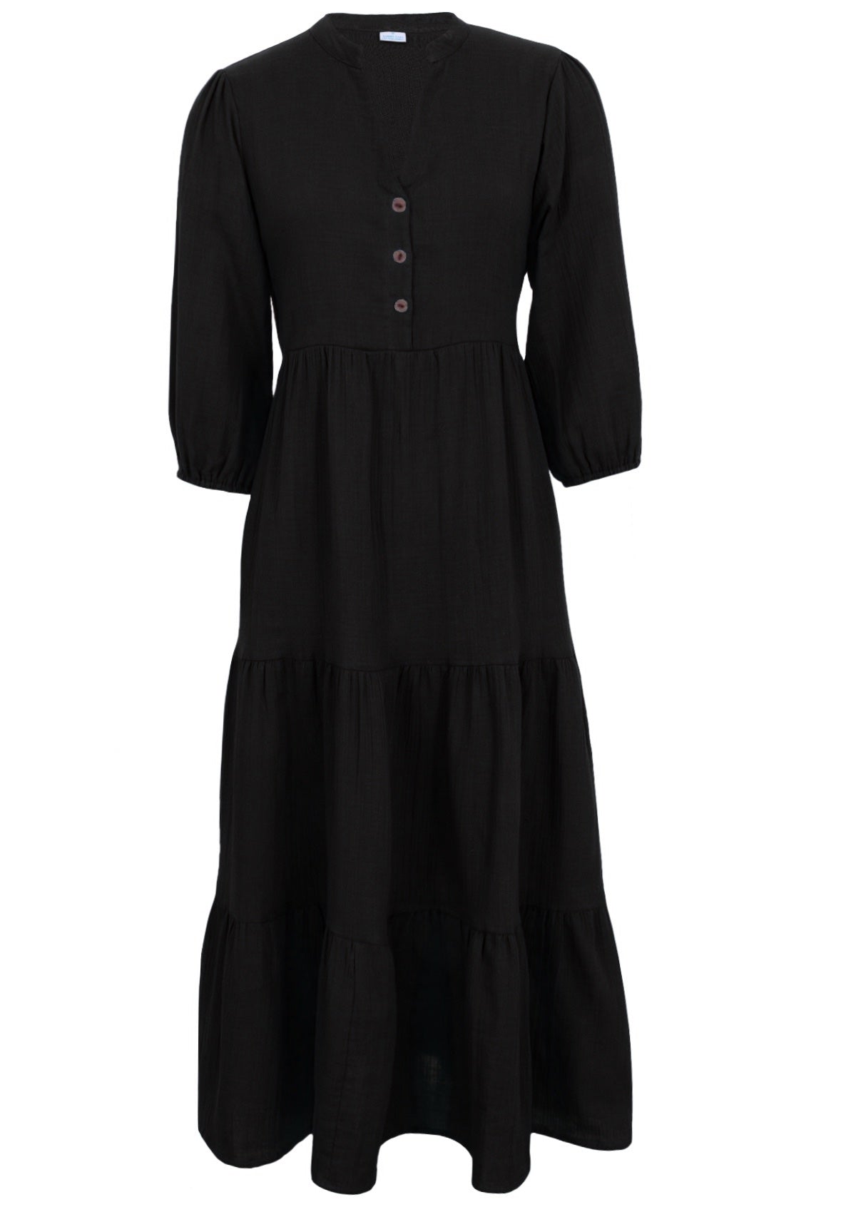 Boho tiered maxi dress made from two layers of lightweight cotton gauze