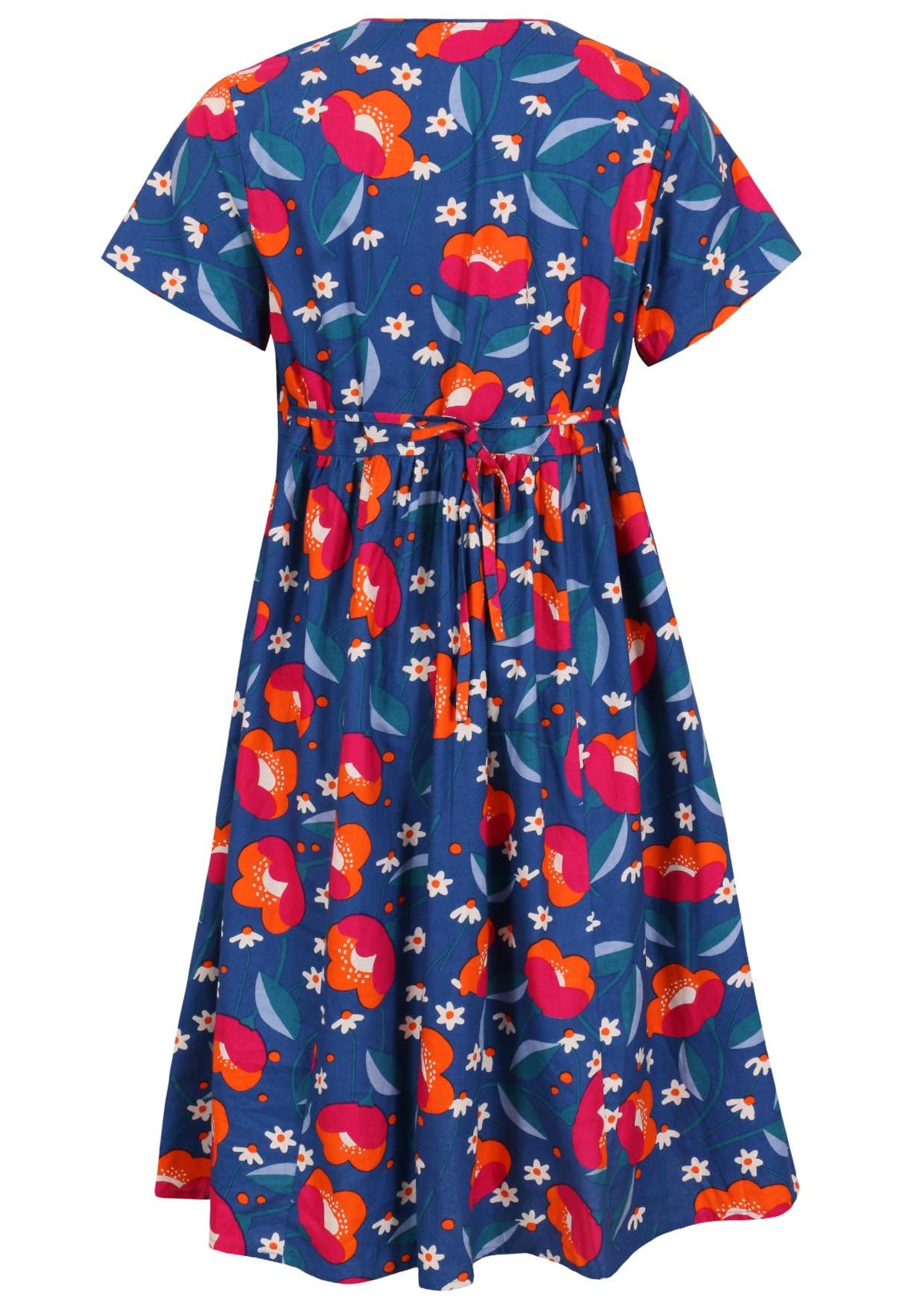 Back view of a royal blue based floral cotton button through dress with short sleeves and shoestring waist ties