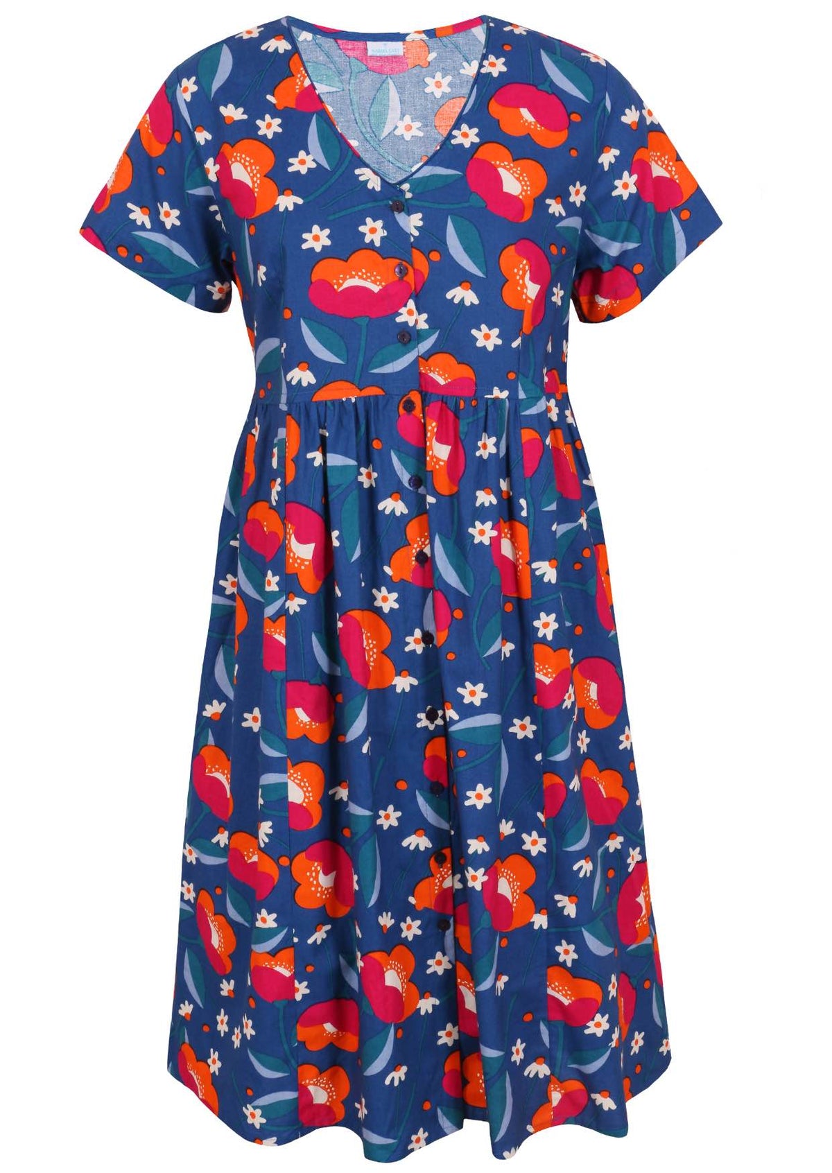 Royal blue based floral cotton button through dress with short sleeves and a V-neckline