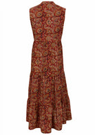 100% cotton sleeveless maxi dress with delicate earthy florals on red base.