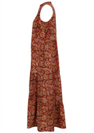 Side image of 3 tiered button up maxi dress with pockets.