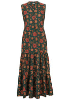 Sleevesless cotton maxi dress in dark green based floral print.