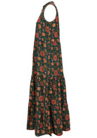 Side image of 3 tiered button up maxi dress without sleeves.