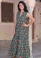 Lightweight cotton, sleeveless boho maxi dress with floaty 3 tiered skirt and hidden side pockets.