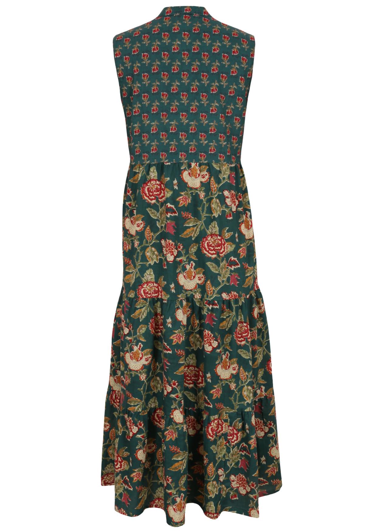 Back view of 100% cotton sleeveless maxi dress with 3 tiered skirt, mandarin collar and buttoned bodice